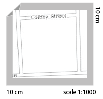 Initial map of city block at 1:1000 scale with output size of 10 centimeters Initial map of city block at 1:1000 scale with output size of 10 centimeters